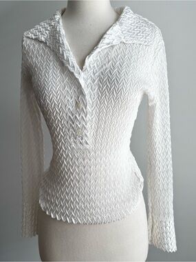 Cache White Textured Collared Blouse
